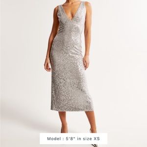 Abercrombie midi plunge silver sequin dress